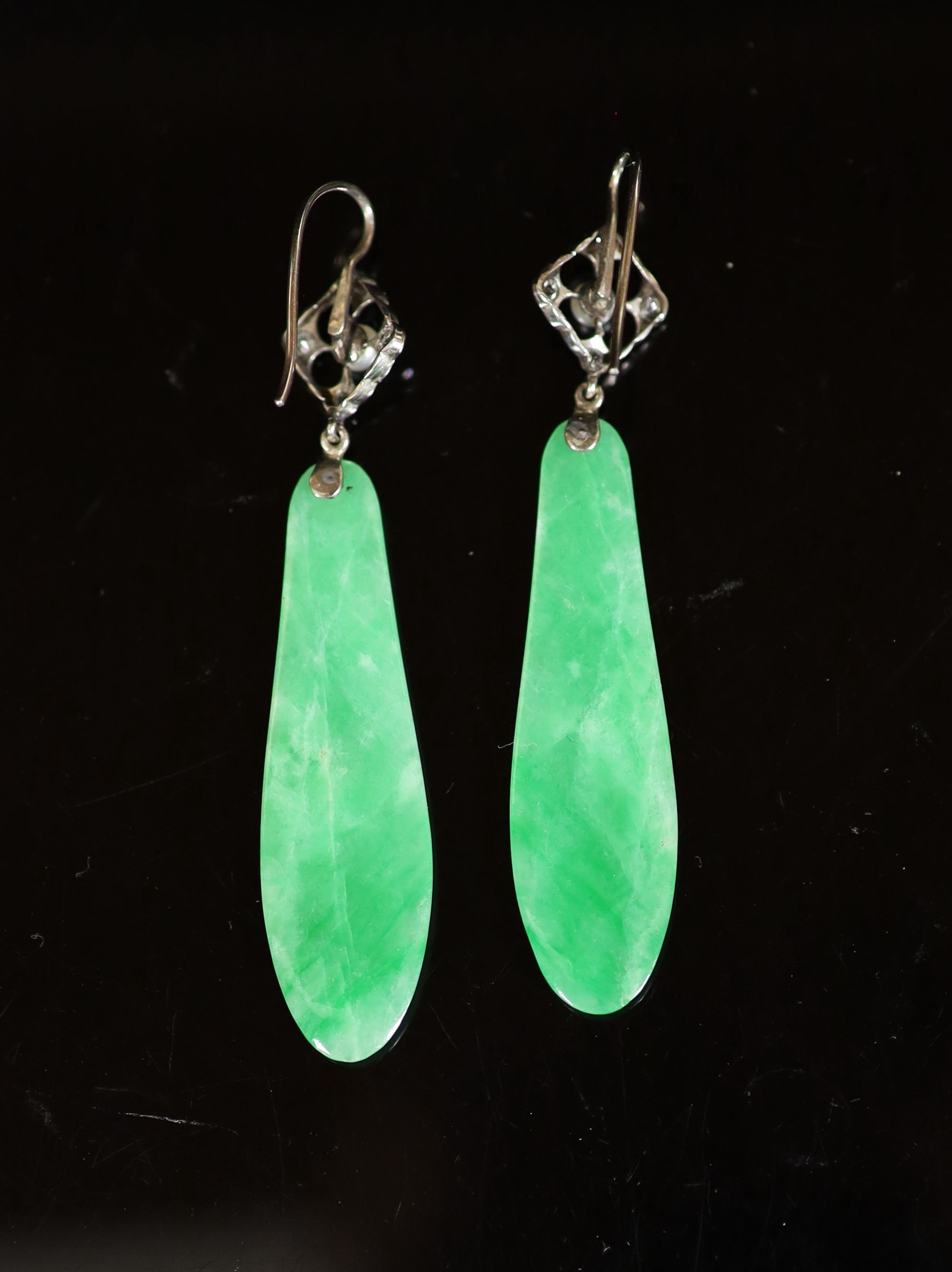 A pair of 1920's platinum, jadeite, seed pearl and diamond set drop earrings